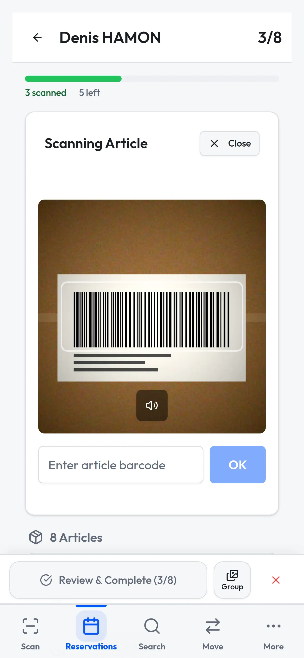 SPS receiving screen: scan arriving items and check them against the booking