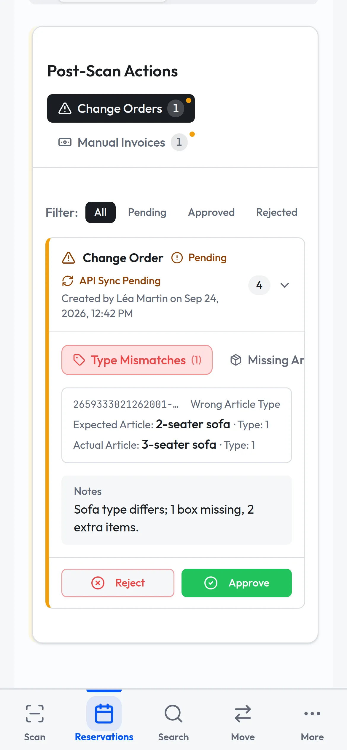 SPS screen listing the differences between a booking and the received items