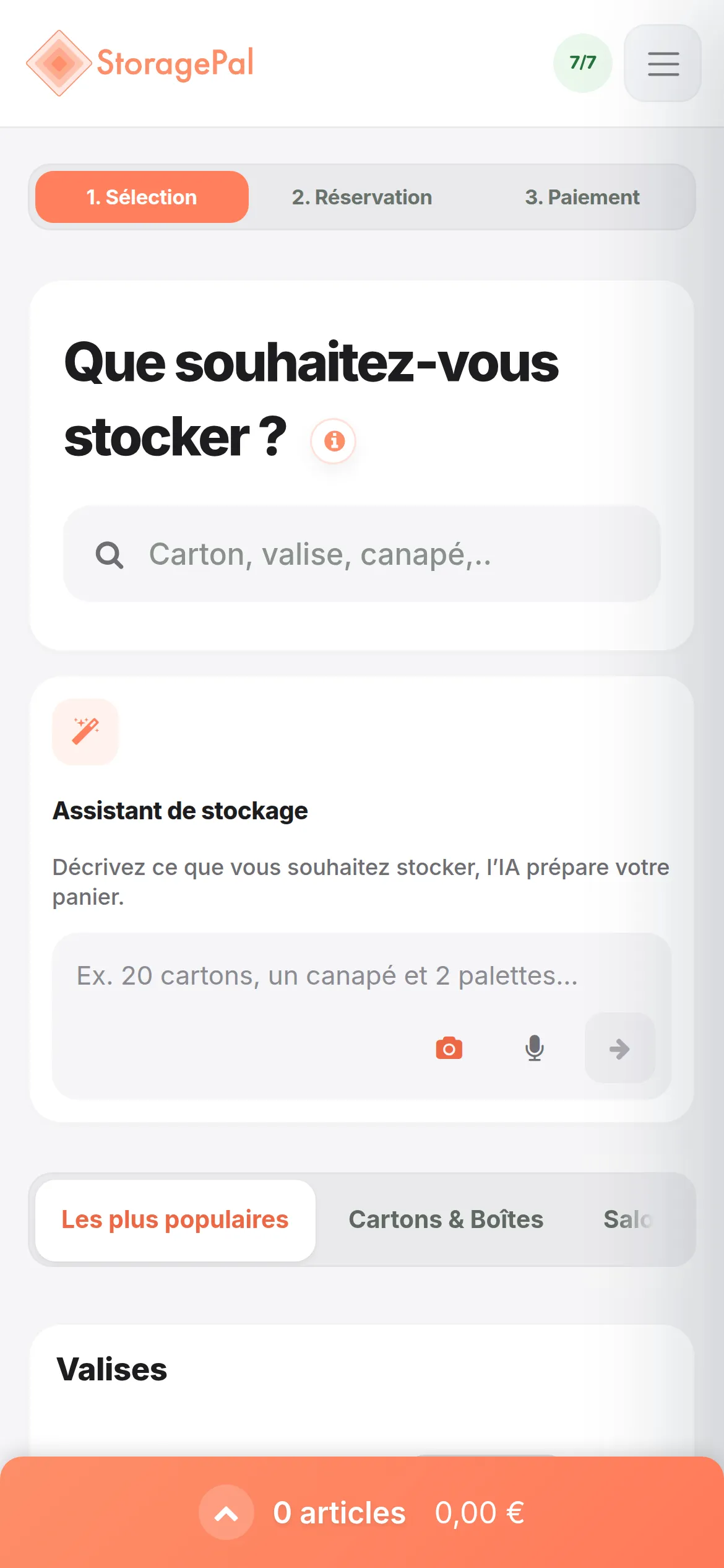 StoragePal catalog categories and item selection