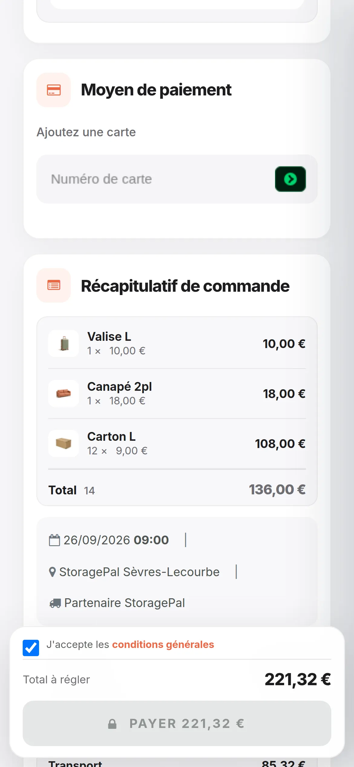 StoragePal payment details together on one page